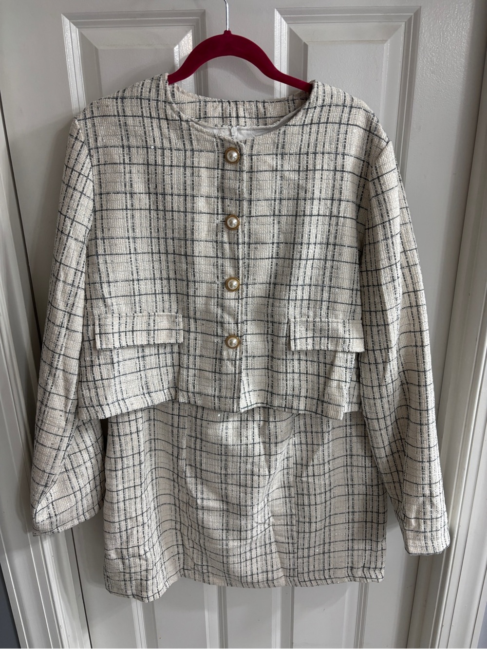 NWT- Juniors Cream Plaid Tweed Dress and Jacket - Classic Button Front